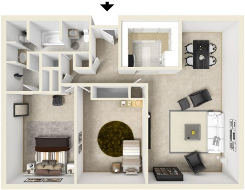 Floor plan for 2 beds, 1.5 baths, 874 sqft
